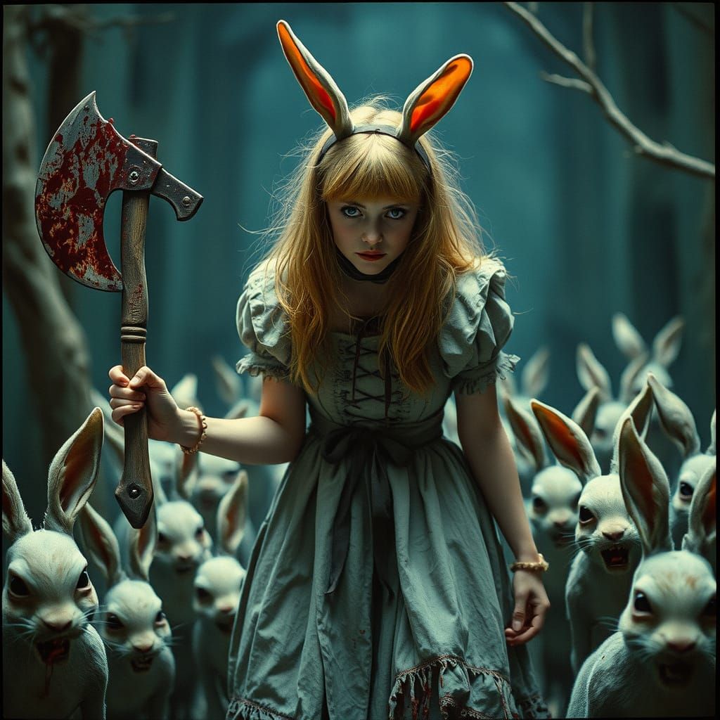 Alice and Zombie Rabbits in Dark Fantasy Style