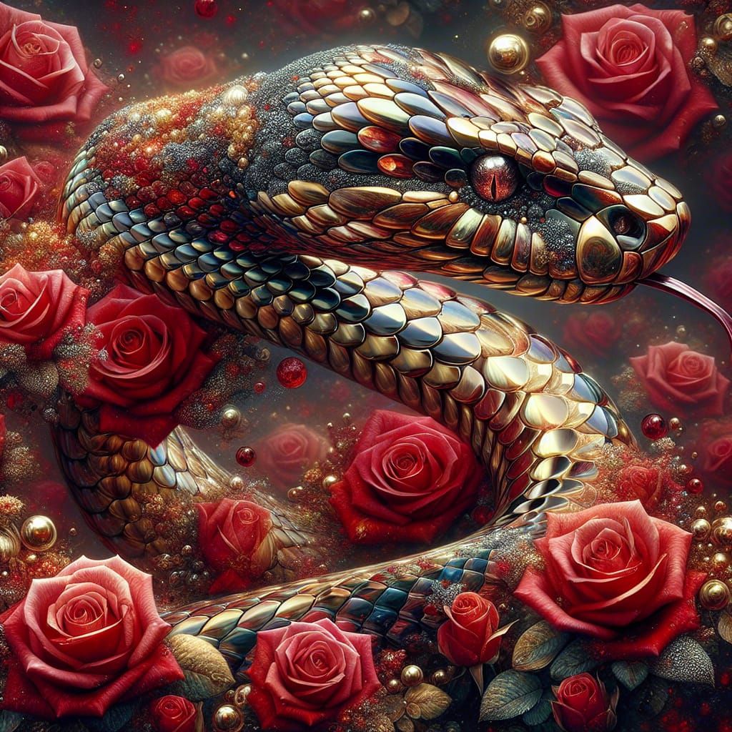 Serpent Shimmers in Jewel-Adorned Rose Garden