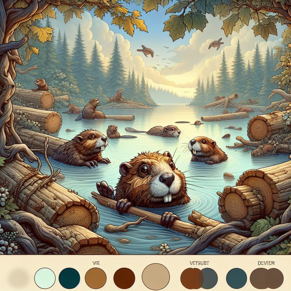 Fantastical Beavers in Serene Lake Scene, Matte Style, 32k R...