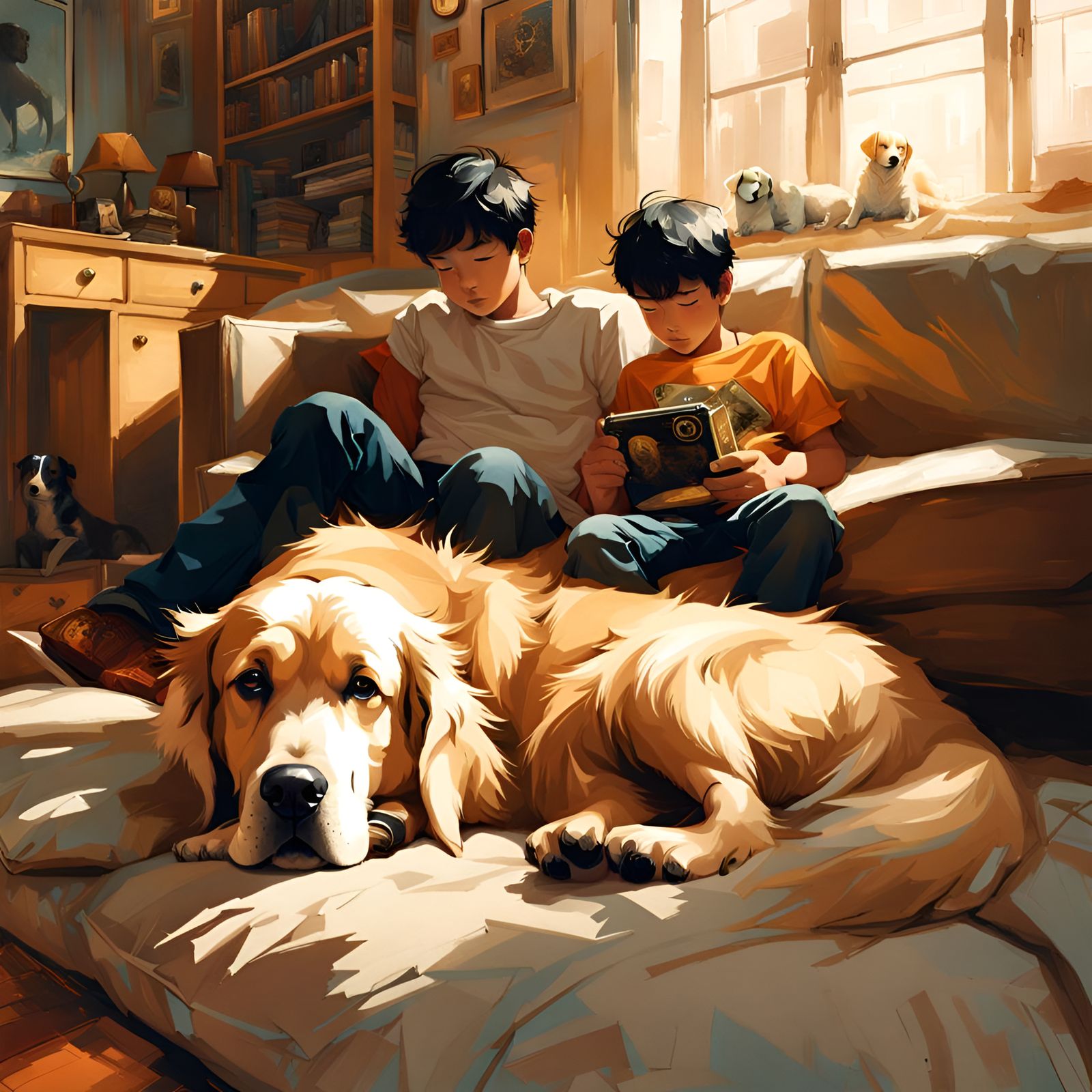 Boy and Dog Relaxing in Warm Light