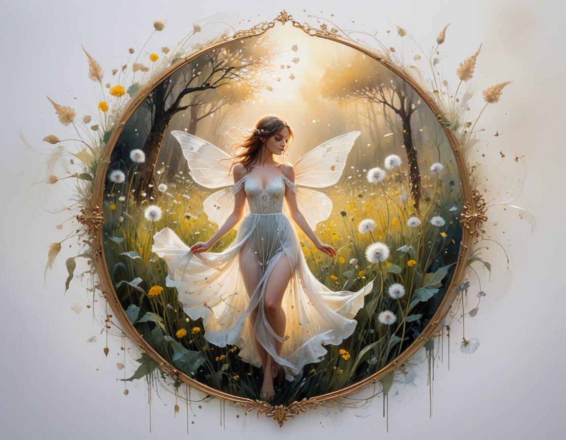 Ethereal Fairy Touches Dandelion in Dreamy Meadow