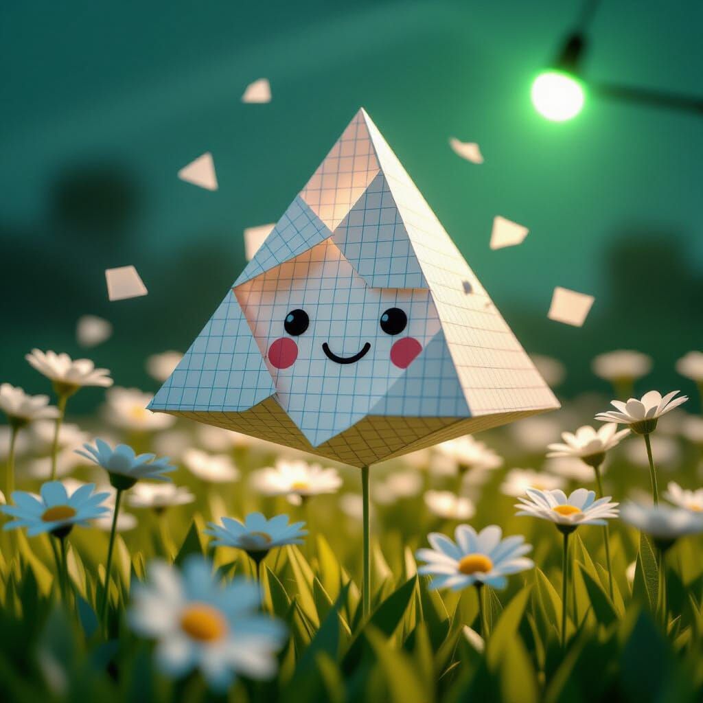 Crumbling Paper Pyramid in Hyperrealistic CGI Style