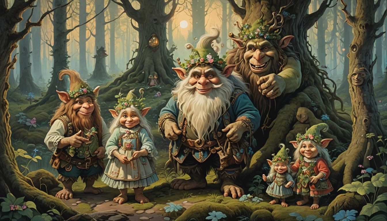 Norwegian Troll Family in Enchanted Forest: Rococo Painting