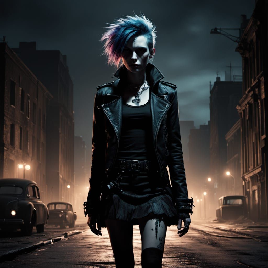 Gothic Punk Lady Walks Desolate Neo-Noir Street
