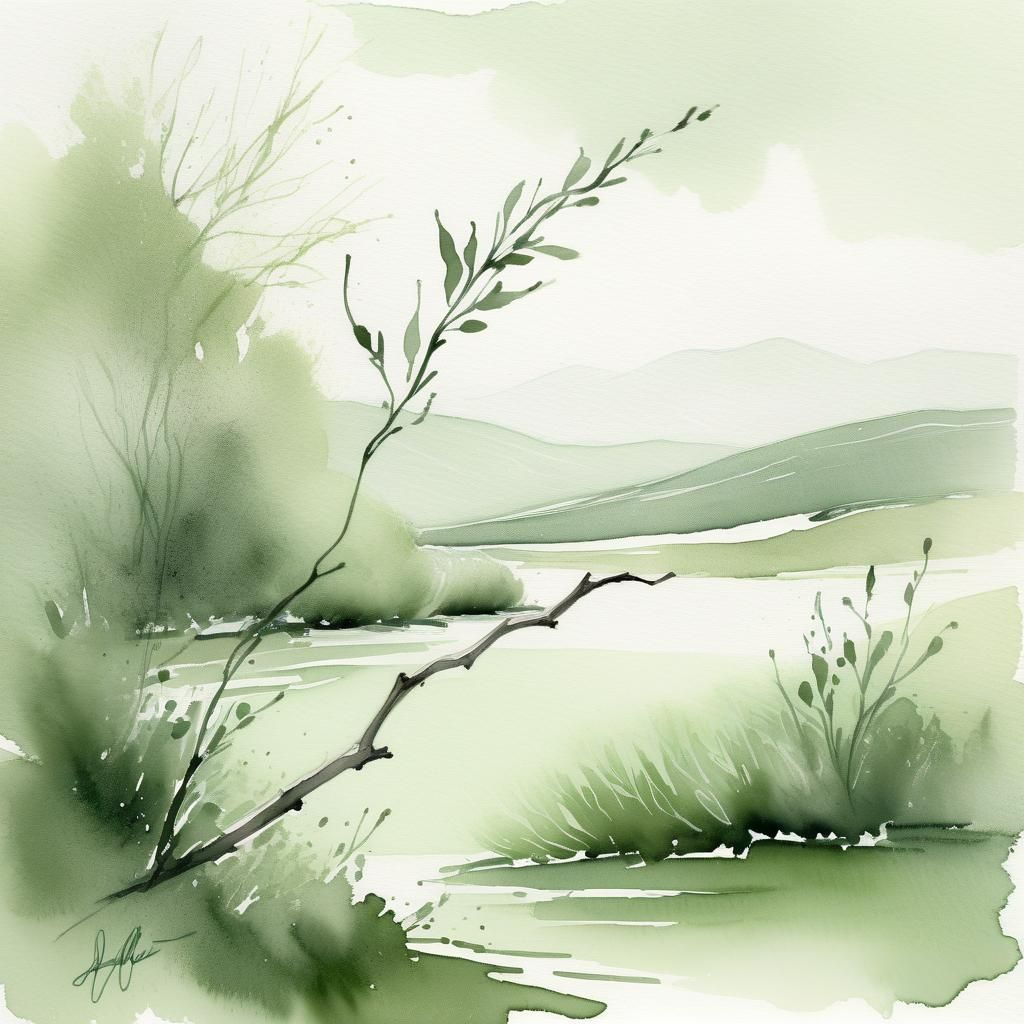 Sage Green Landscape: Expressive Watercolor Painting