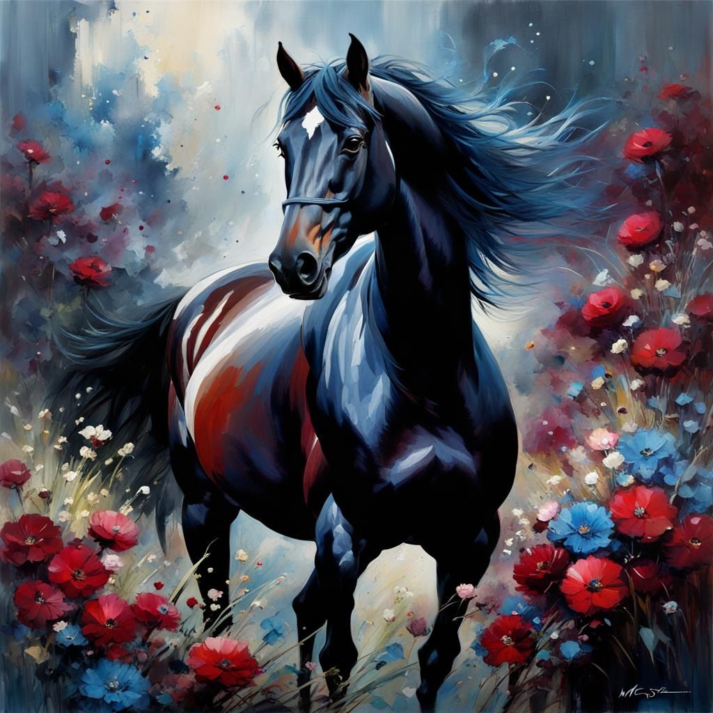 Graceful Black Horse Amidst Burgundy Flowers