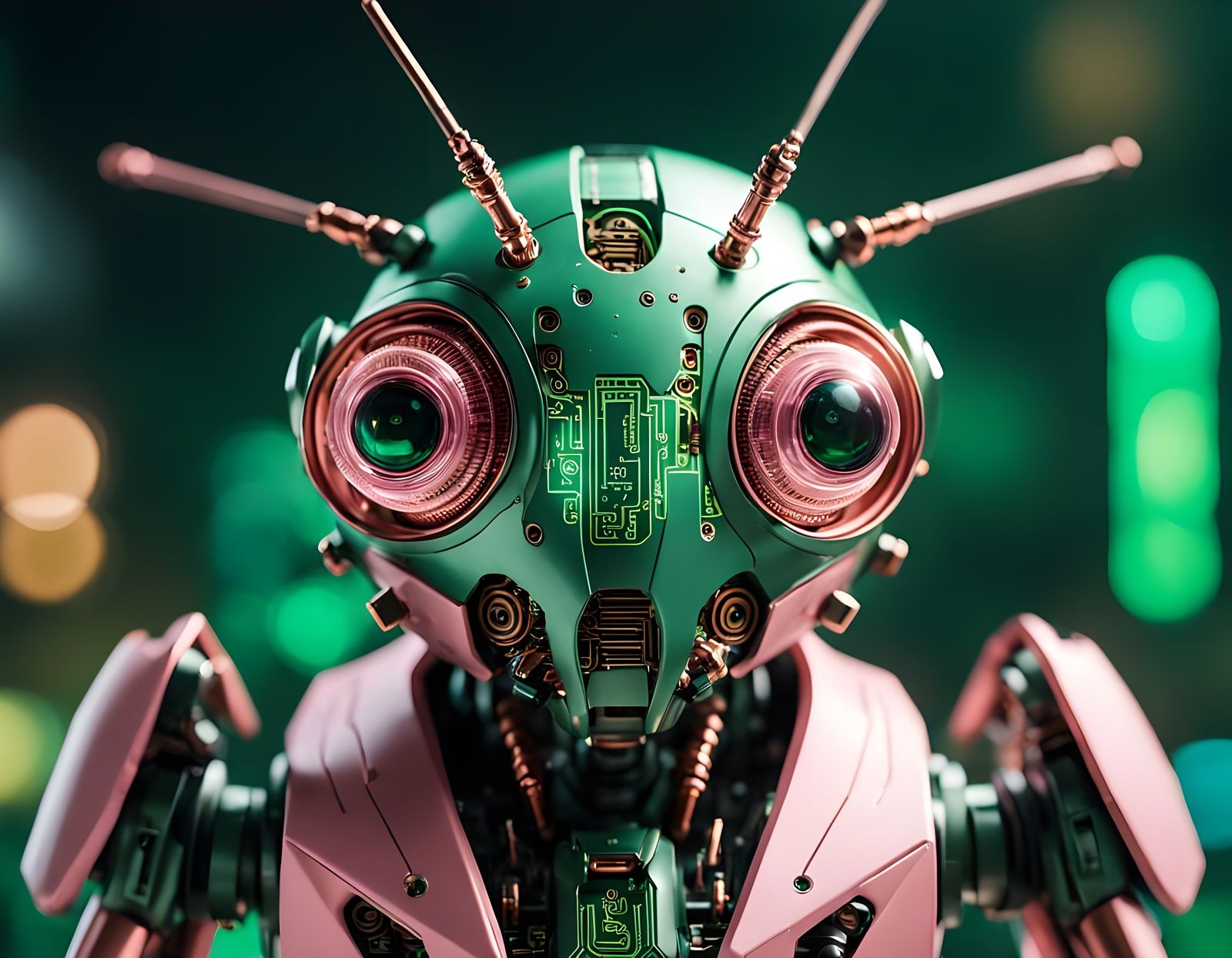 Cute Pink Cricket Robot in Tilt Shift Extreme Close Up