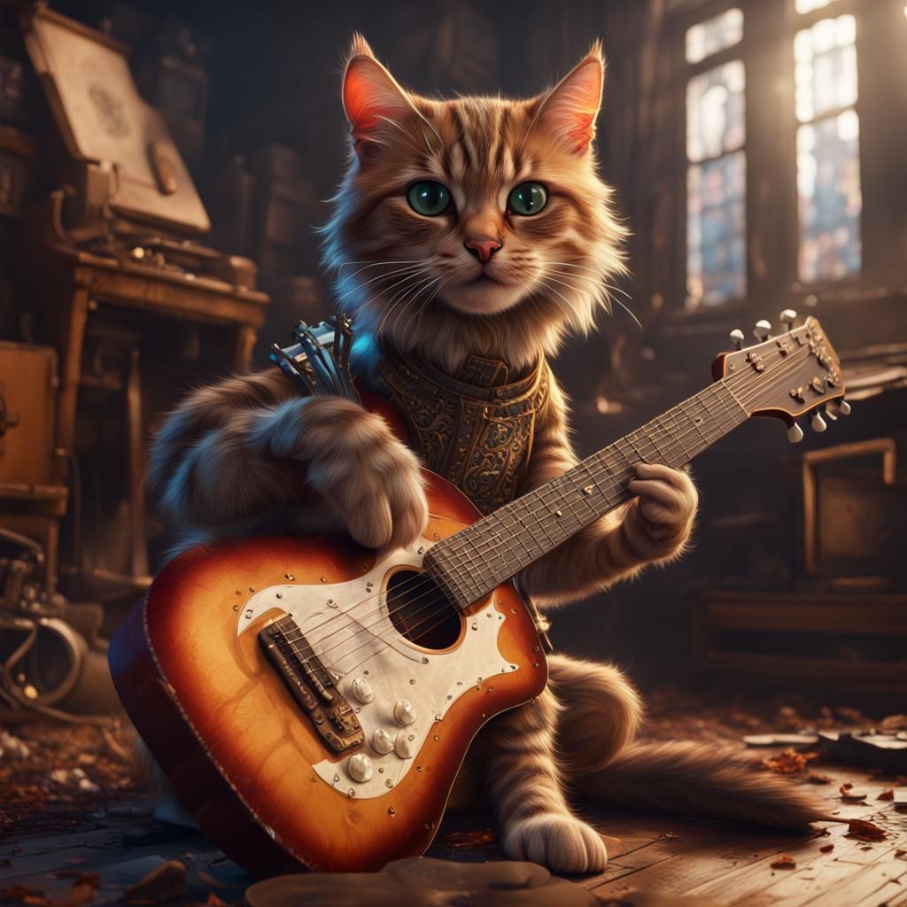Cat Plays Guitar: Detailed Matte Painting