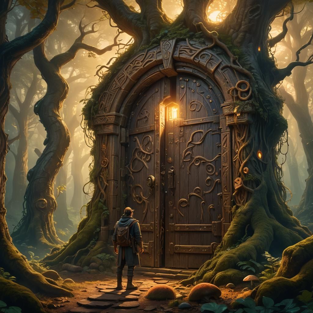 Treasure Hunter and Mystical Door in Fantasy Forest