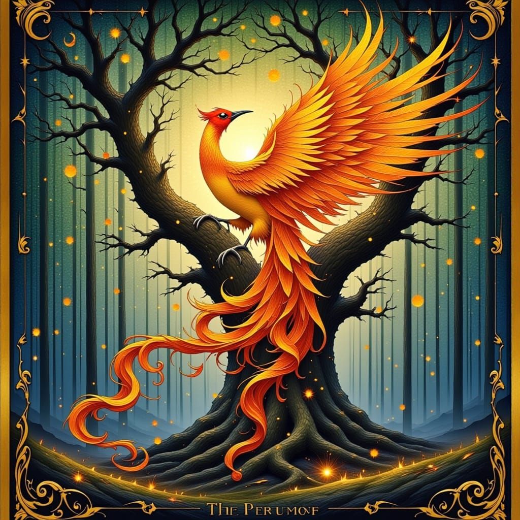 A majestic phoenix,on an tarot card