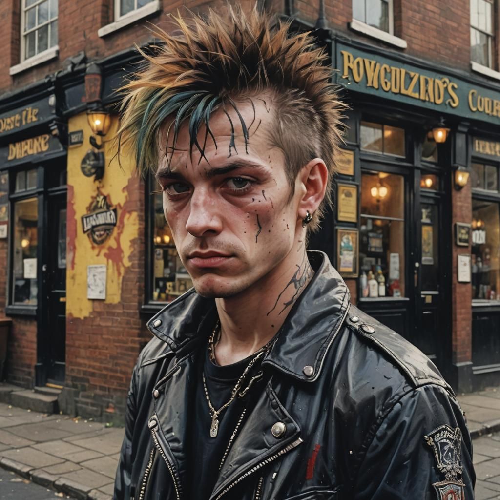 English Punk Standing outside of a Pub on a street in England, 1980s