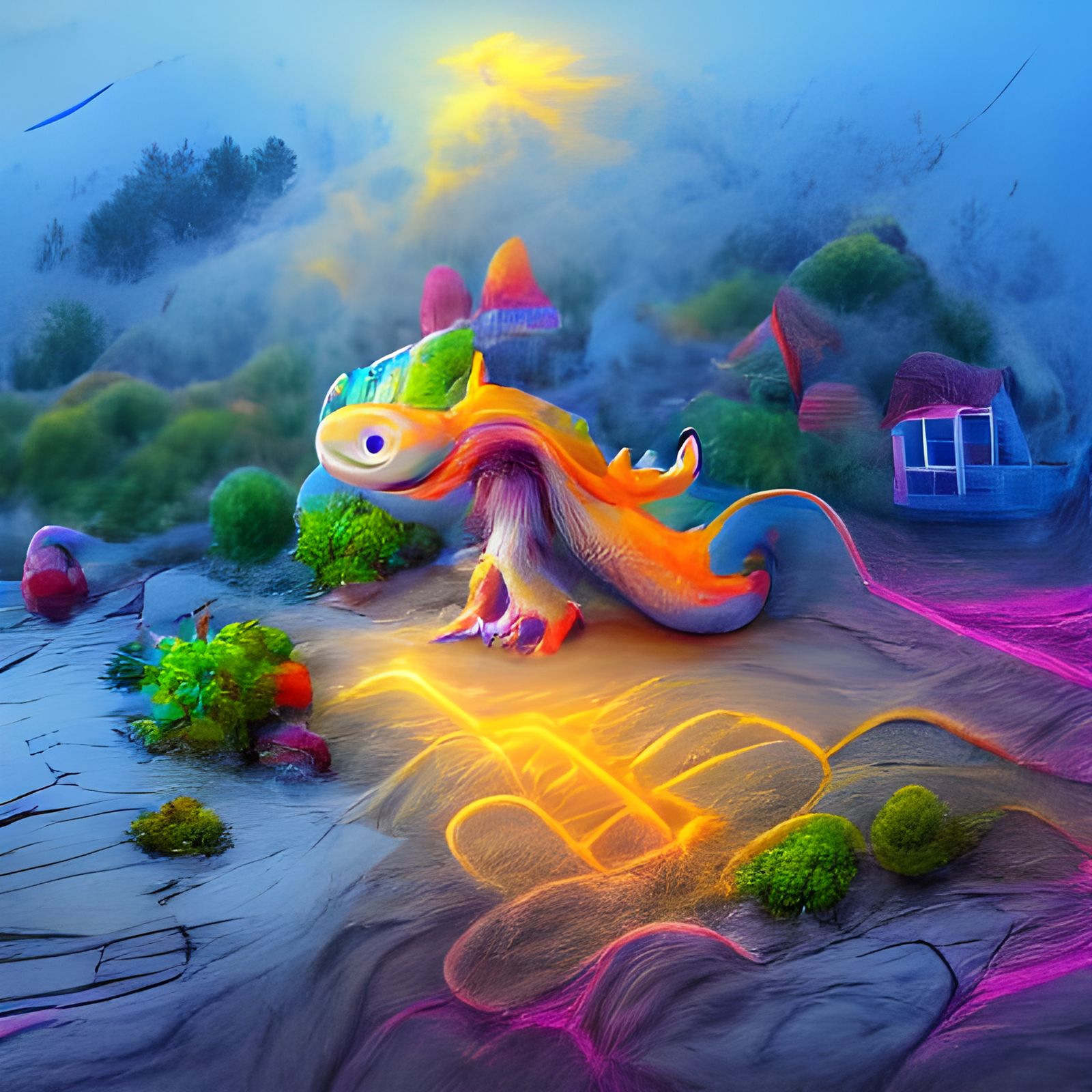 Puff the highly detailed magical dragon lives by the beautiful misty sea landscape