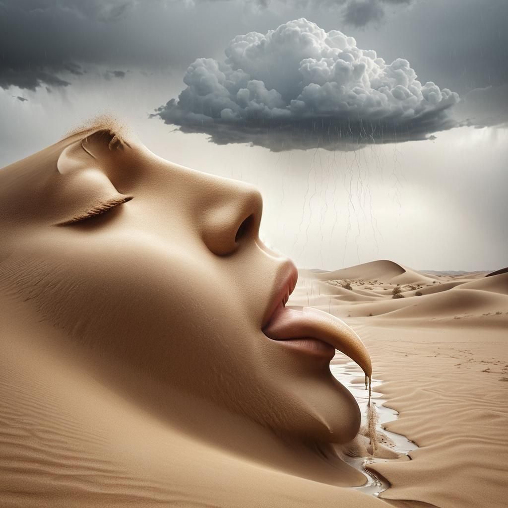 Desert Face in Rain: Hyperrealistic Digital Painting