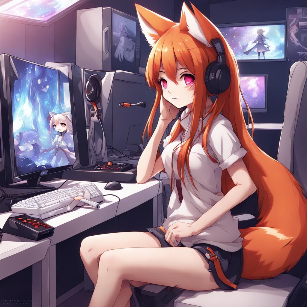 Anime Fox Girl Gaming in Colorful Room