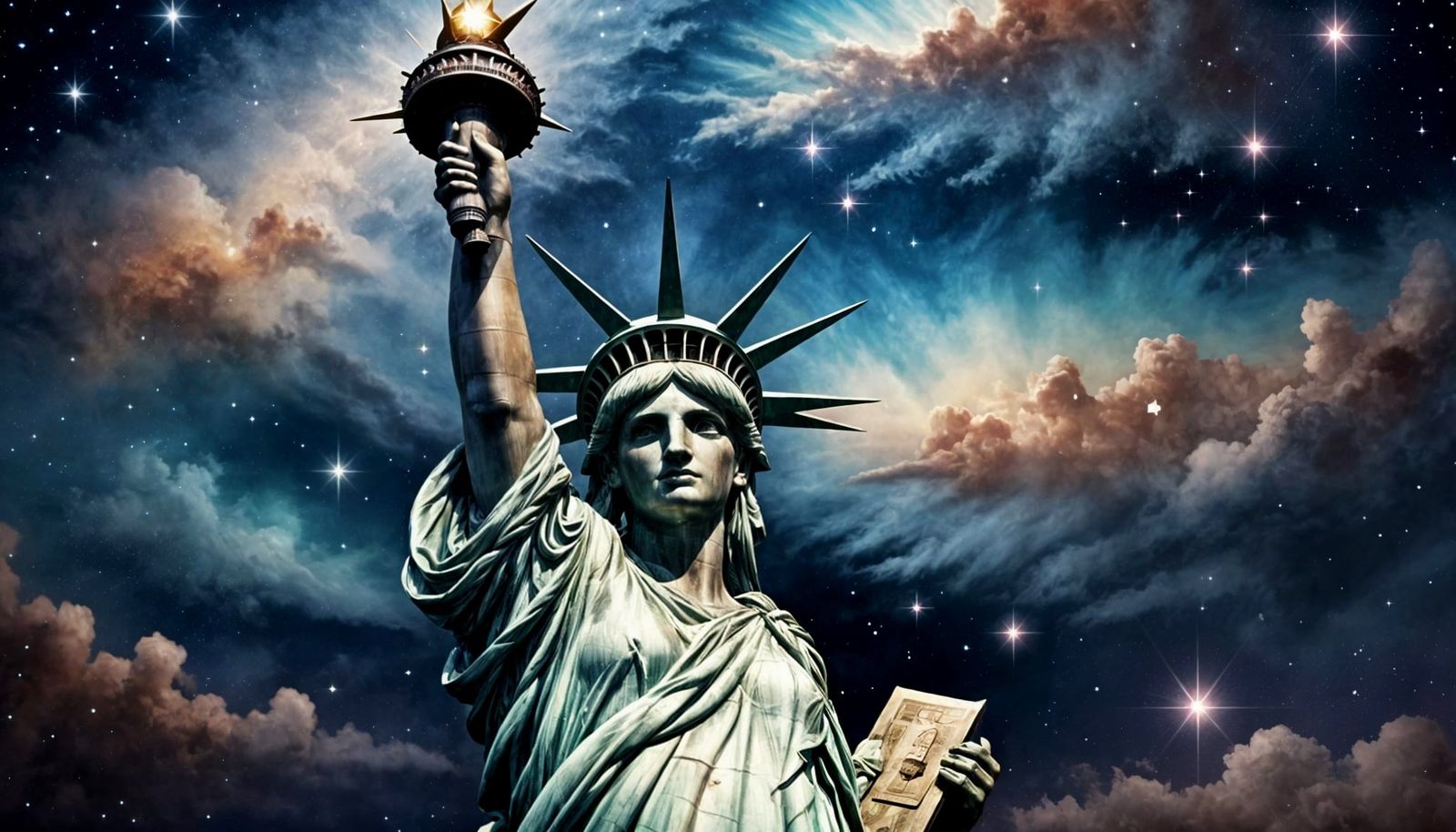Statue of Liberty in Sfumato Style Under Stars
