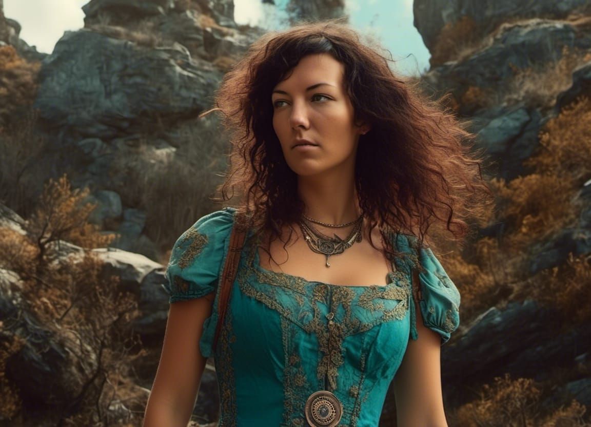 Steampunk Woman with Turquoise Dress: Digital Art