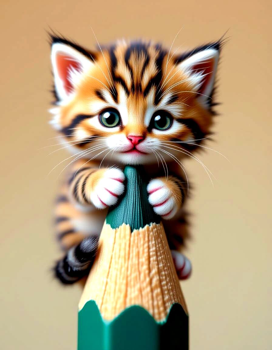 Cute Fluffy Kitten Carved on Pencil Tip