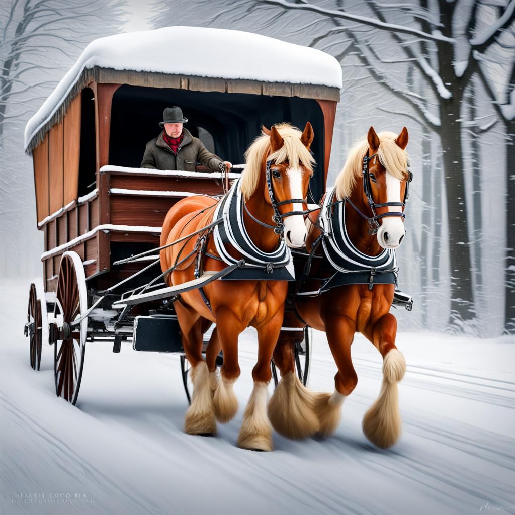 Belgian Draft Horse Pulling Wagon in Snow