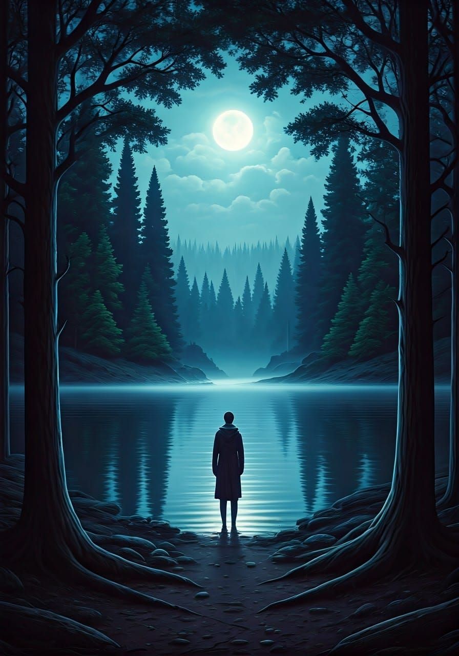 Lost Soul Contemplates Identity in Moonlit Landscape