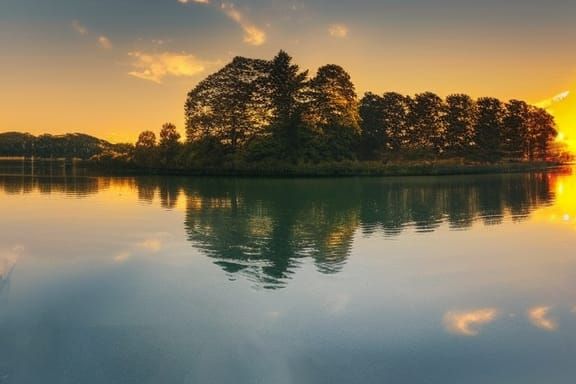 Golden Sunset Behind Gingko Tree on Peaceful Lake