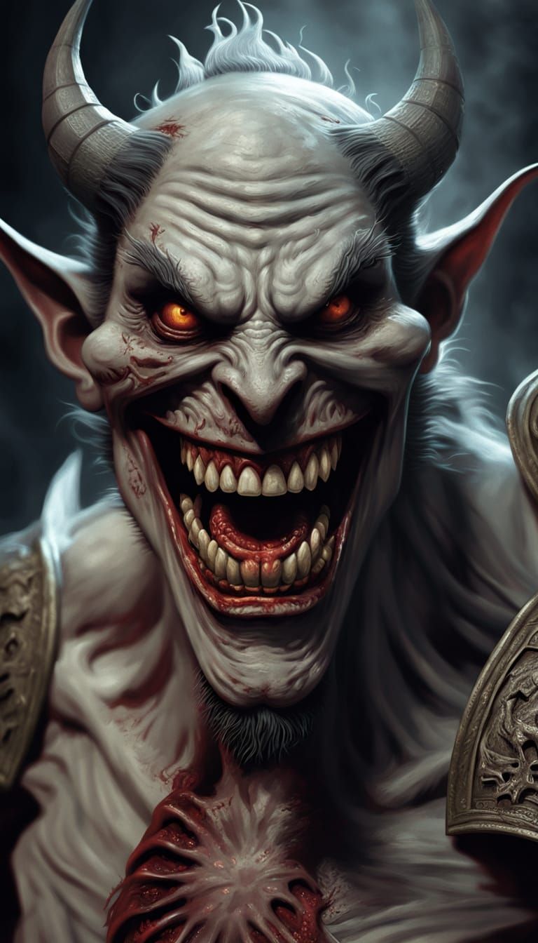 Monochromatic Demonic Grin in Gouache Zombiecore Style