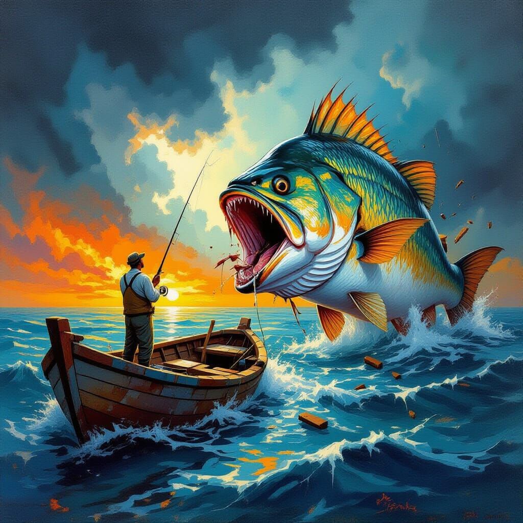 Surreal Oil Painting: Fisherman Fights Giant Fish Devouring ...