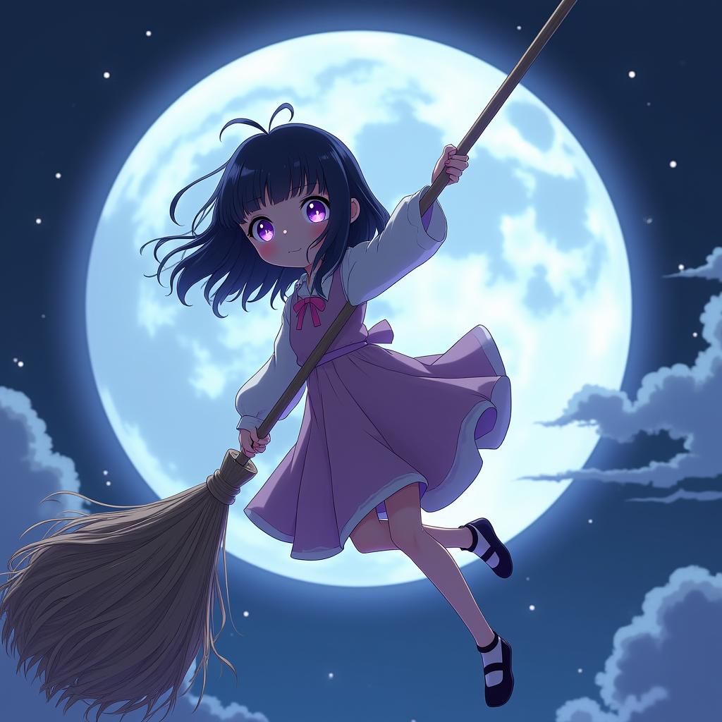 Anime Girl Flying with Broom Near Moon