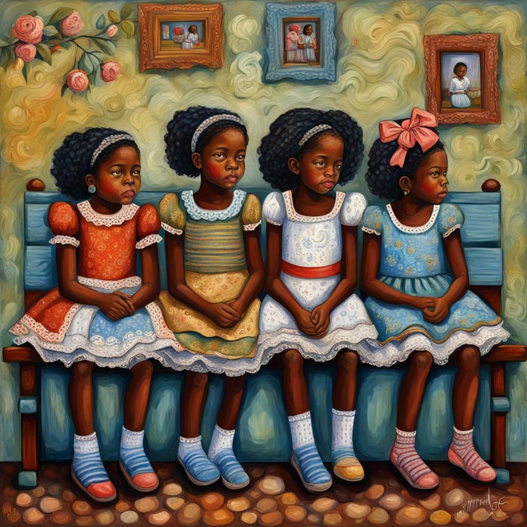 Black Girls on Bench in Folk Art Style