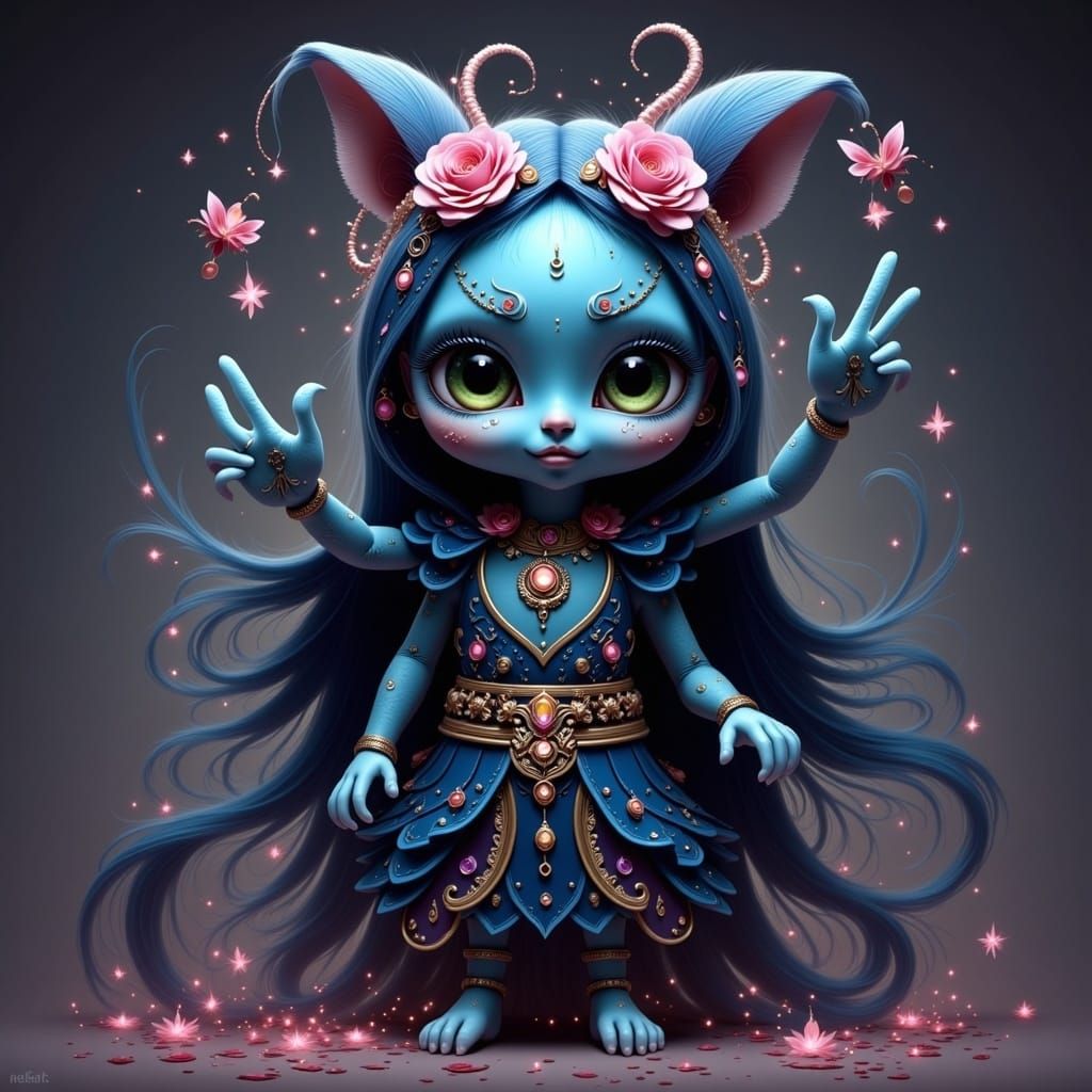 Vibrant Goddess of Abundance in Whimsical Shimmering Cloak