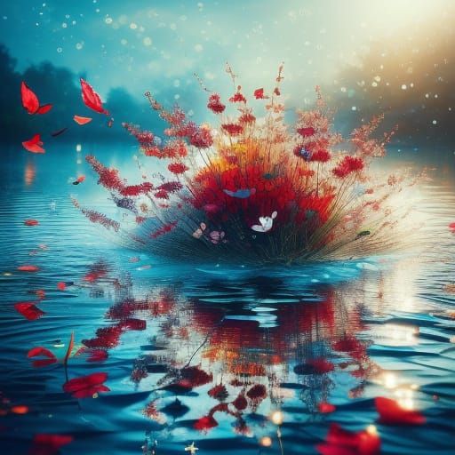 Glowing Red and White Flower Reflection on Water