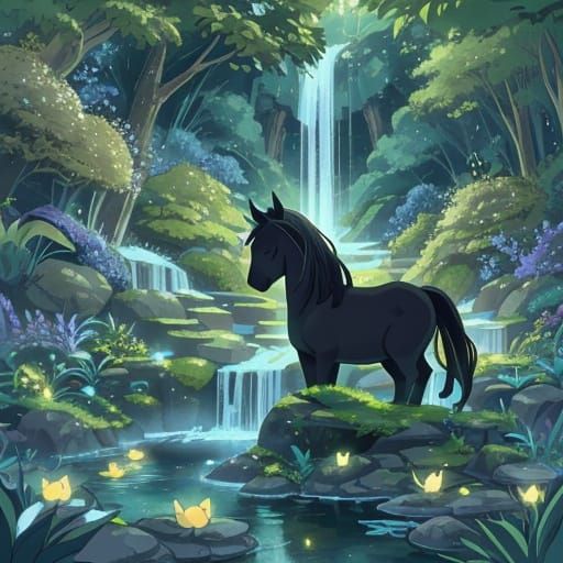 Enchanted Garden with Horse and Kitten in Anime Style