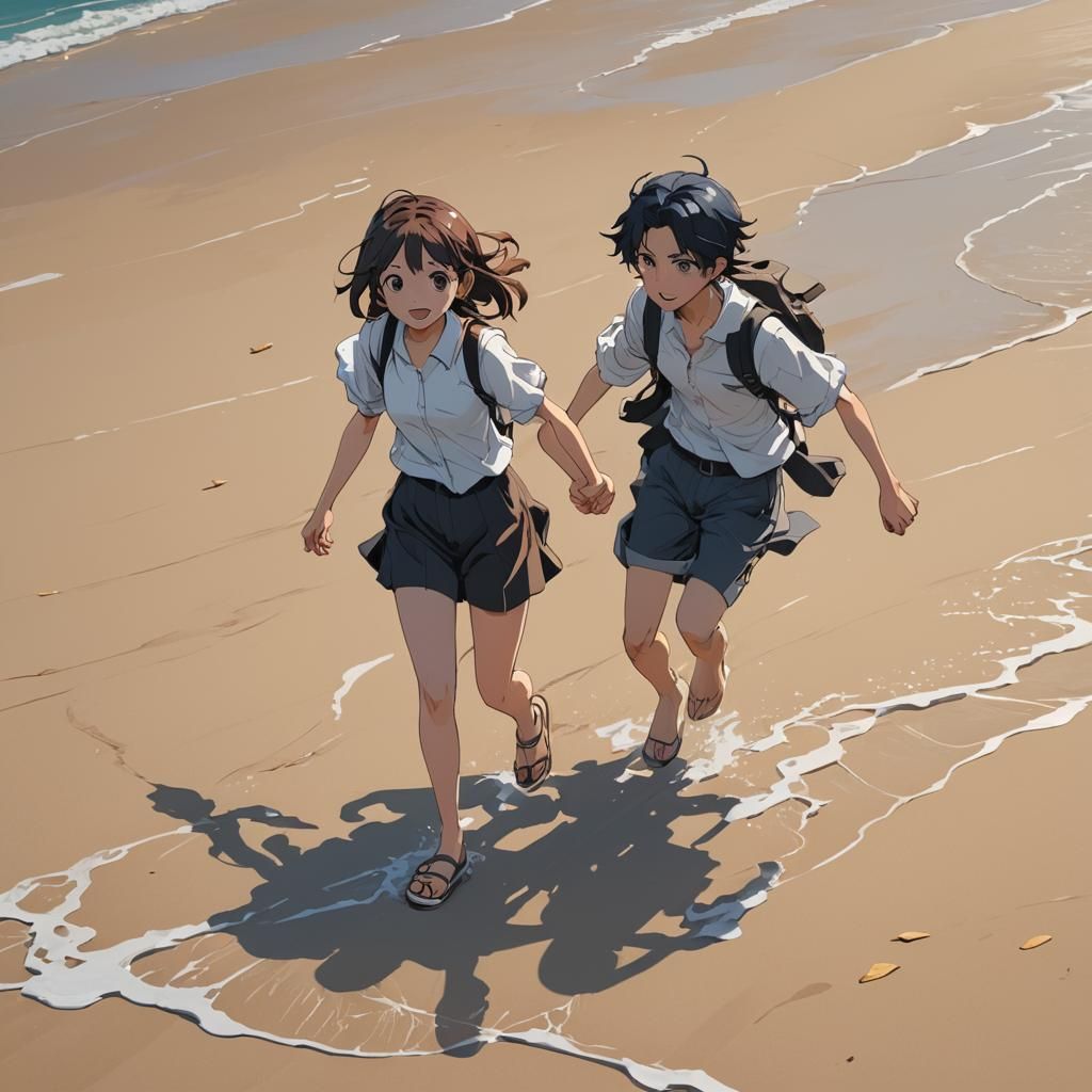 Anime Style: Young Couple on Beach