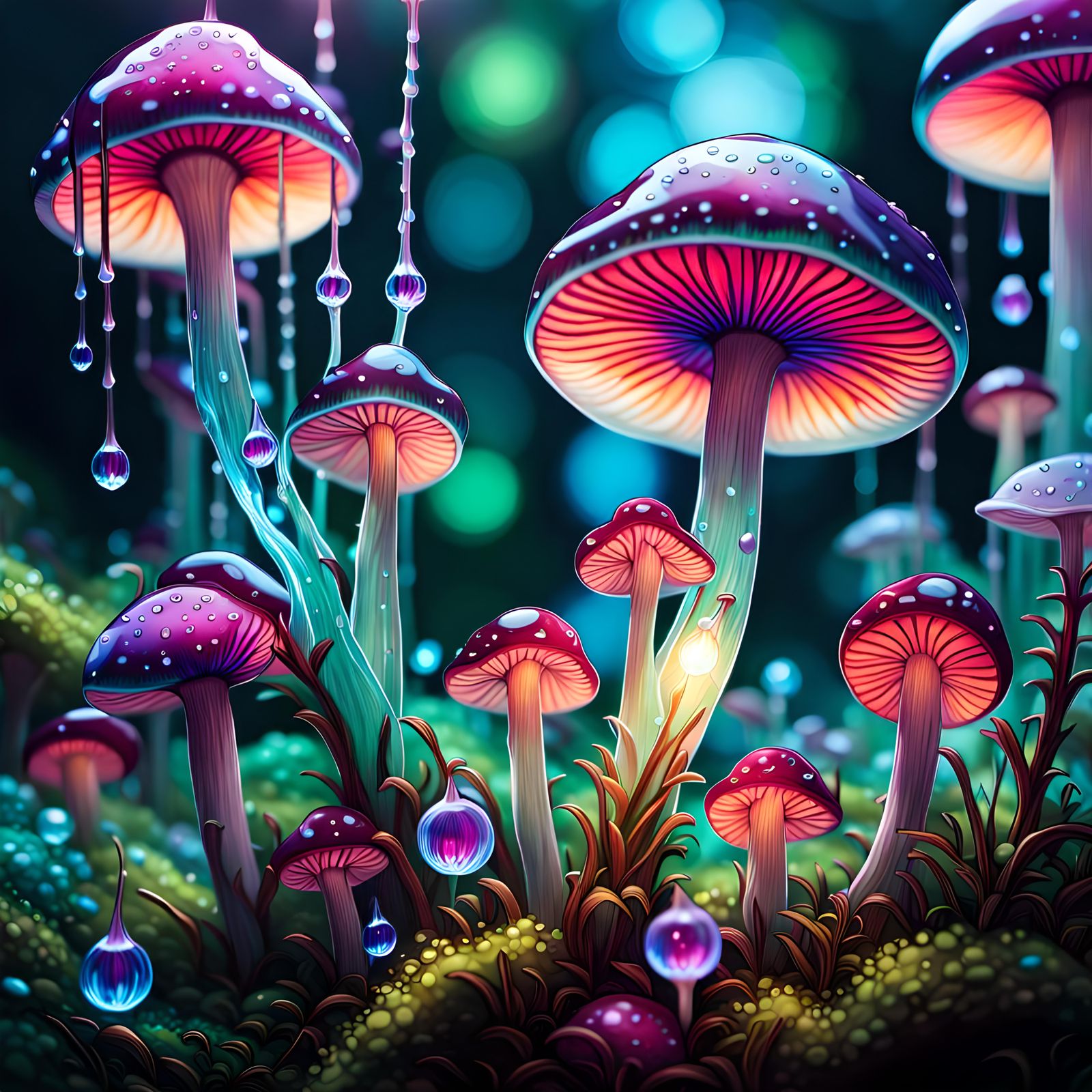 Vibrant psychedelic fungi mushrooms with macro