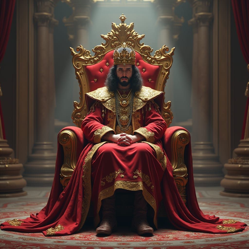 Ornate King on Gilded Throne in Matte Painting Style