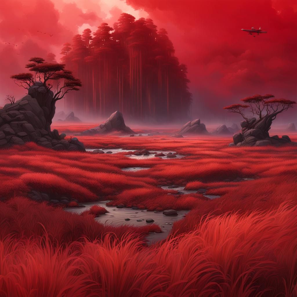 Eerie Island Landscape with Red Grass Under Acid Rain