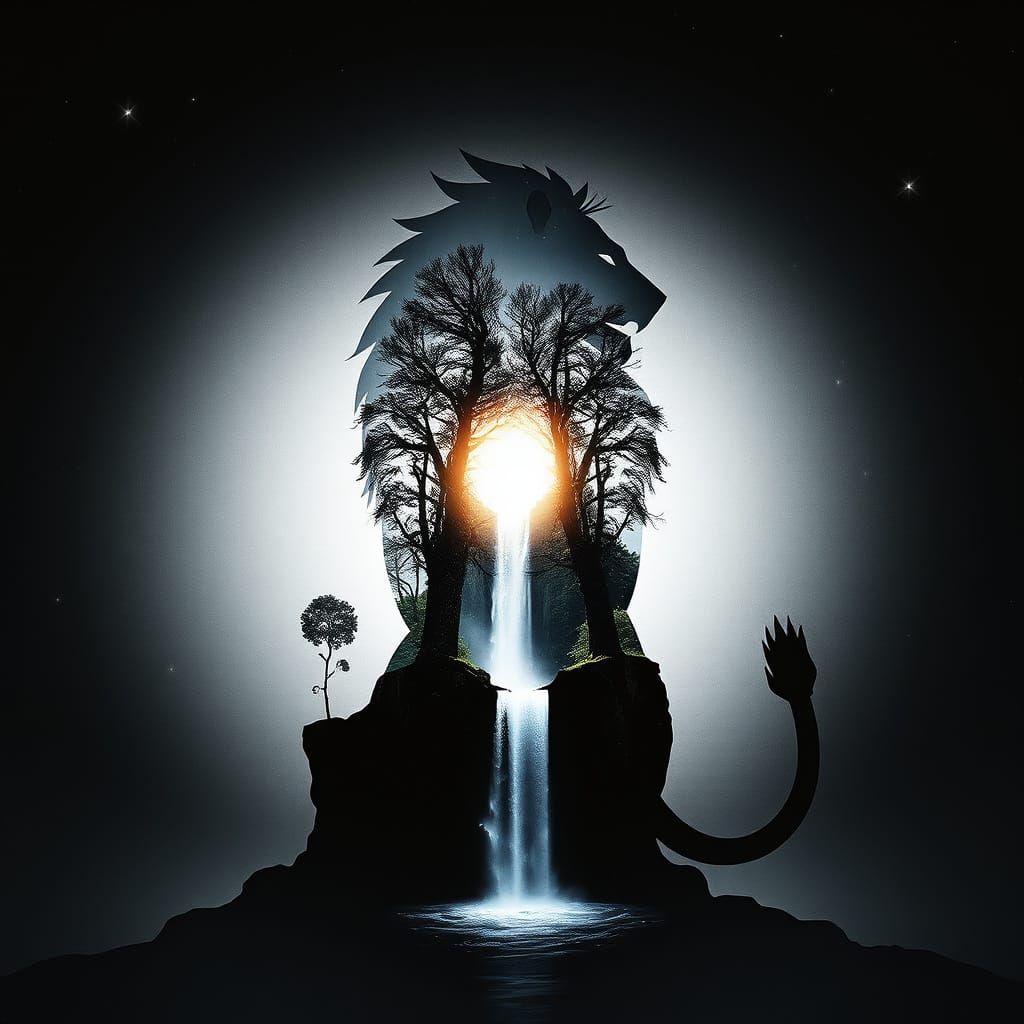 Lion Silhouette Double Exposure Forest Landscape