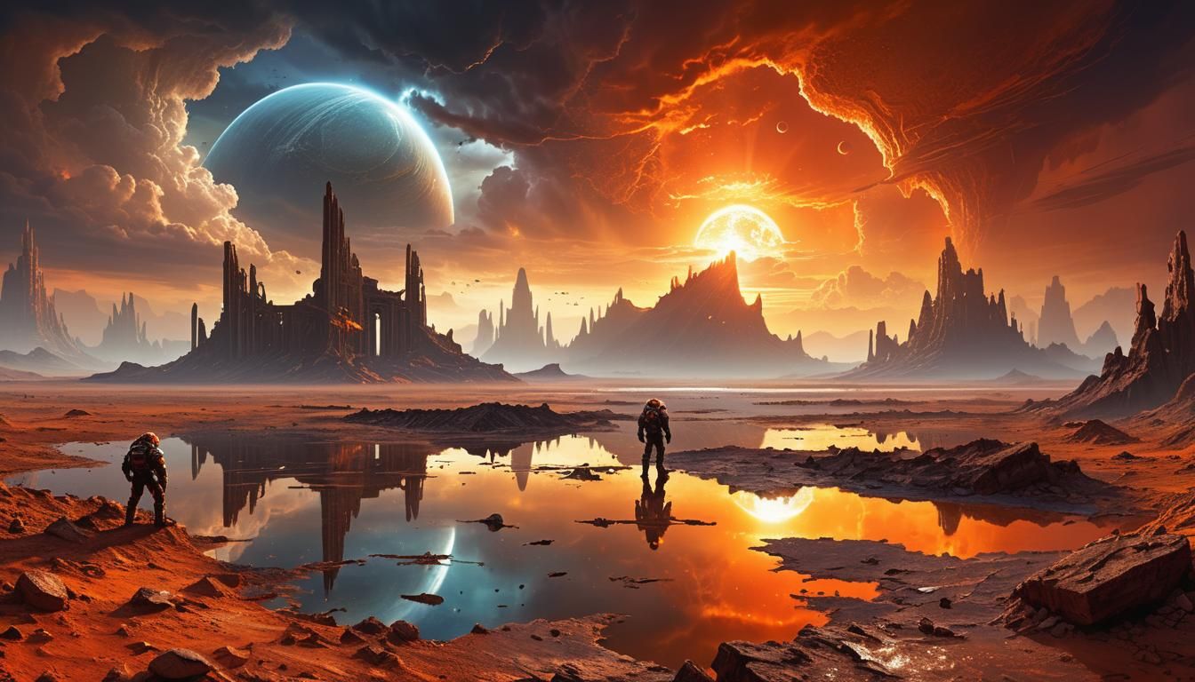 Space Marine Explores Alien Ruins on a Vibrant Planet