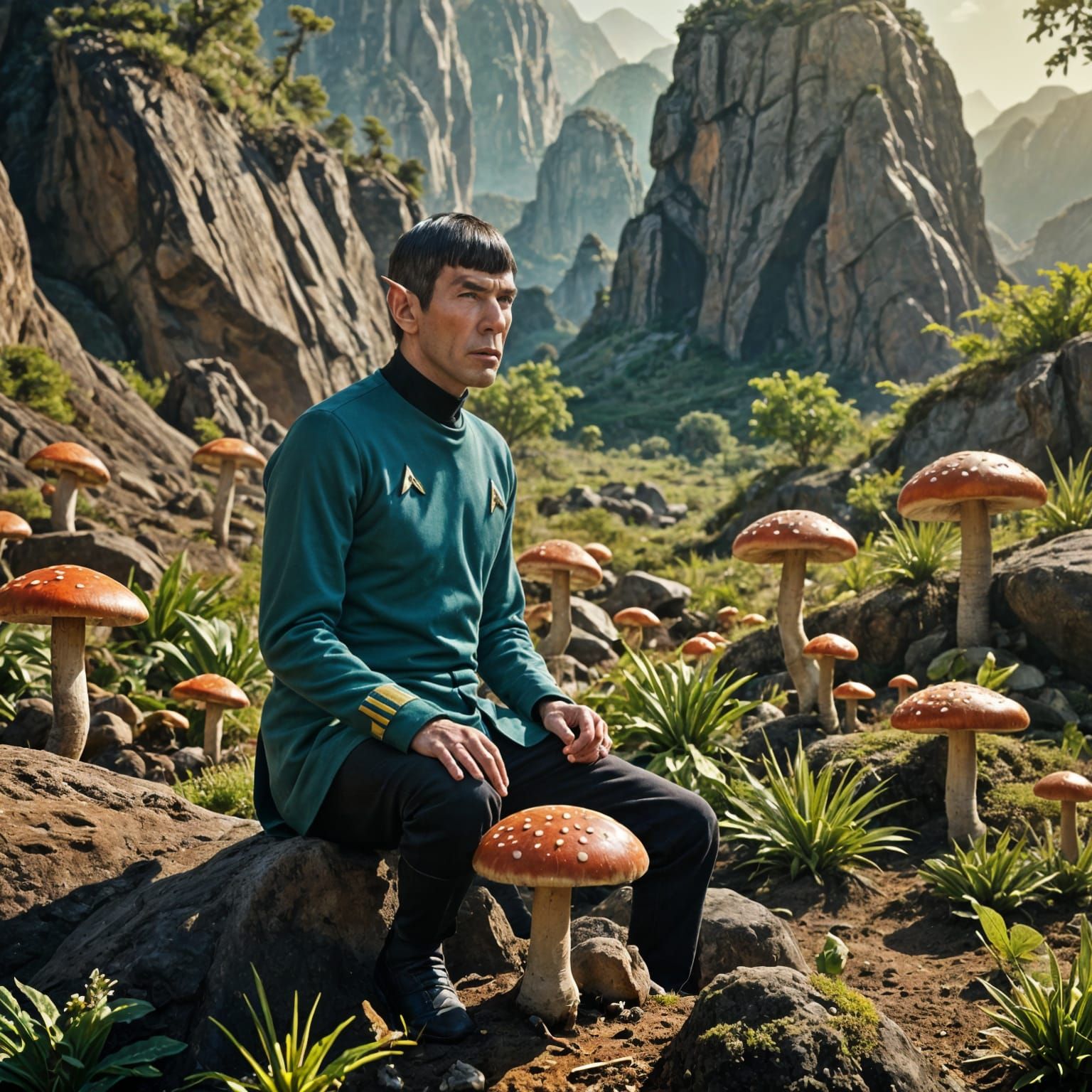 Spock Communicating with Sentient Mushrooms on Alien Planet