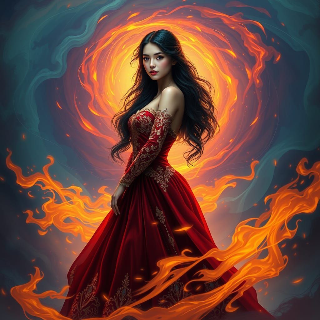 Serene Princess Amidst Swirling Flames in Richly Detailed Ma...