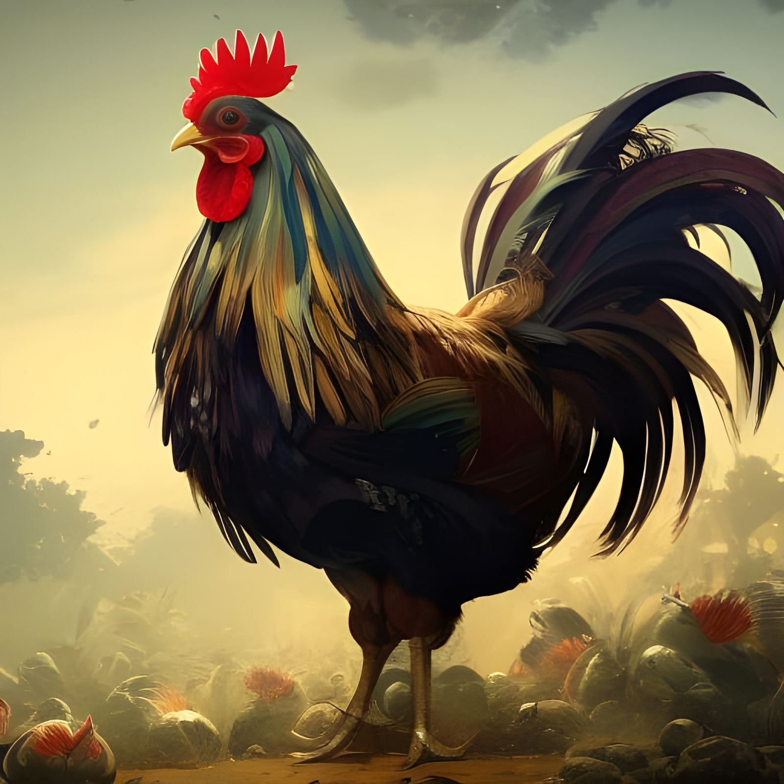 Majestic Rooster Surrounded by Eggs, Detailed Concept Art