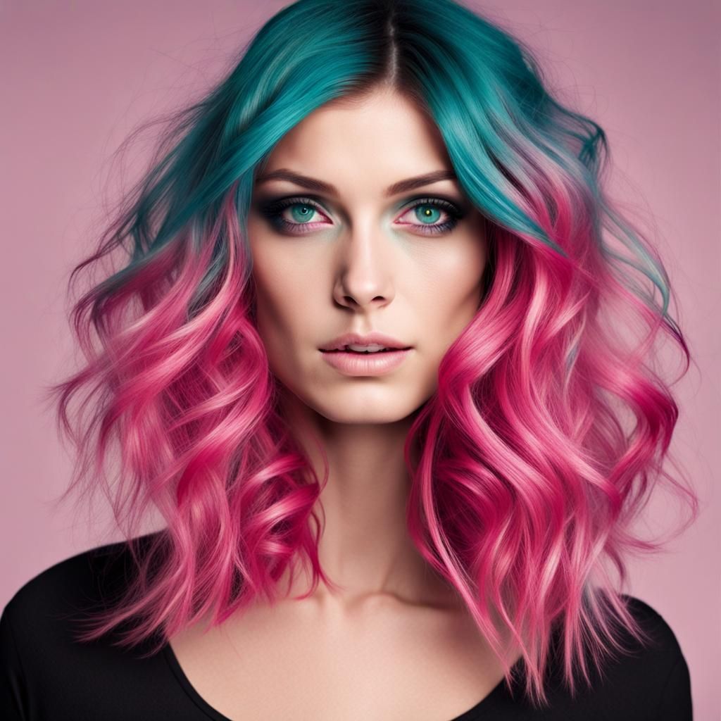 Cyberpunk Woman with Turquoise-Pink Hair in Cityscape