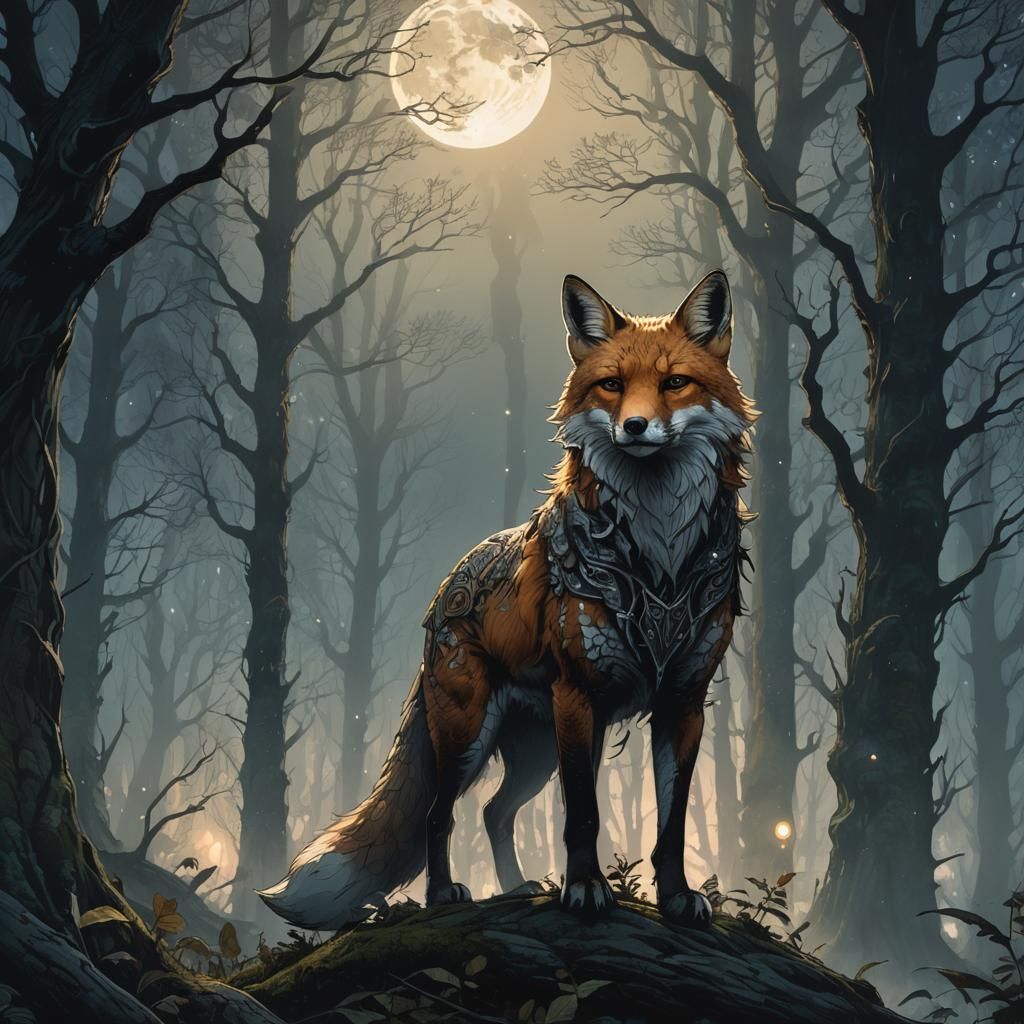 Fox Warrior in Misty Woods, Art Nouveau Style