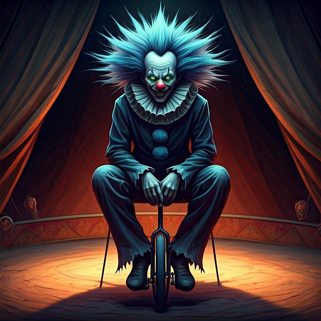 Sinister Clown with Bioluminescent Hair in Dark Surrealism