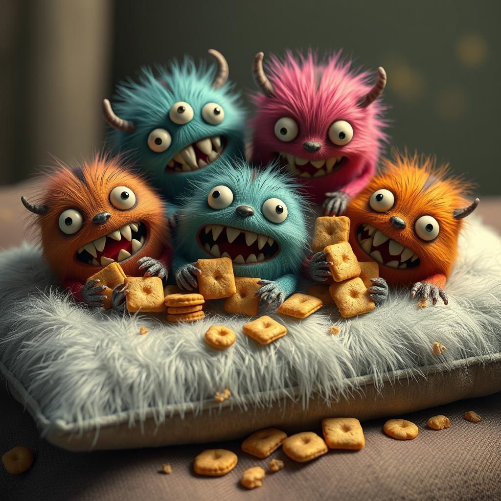 Kawaii Monsters Eating Crackers in Pastel Colors