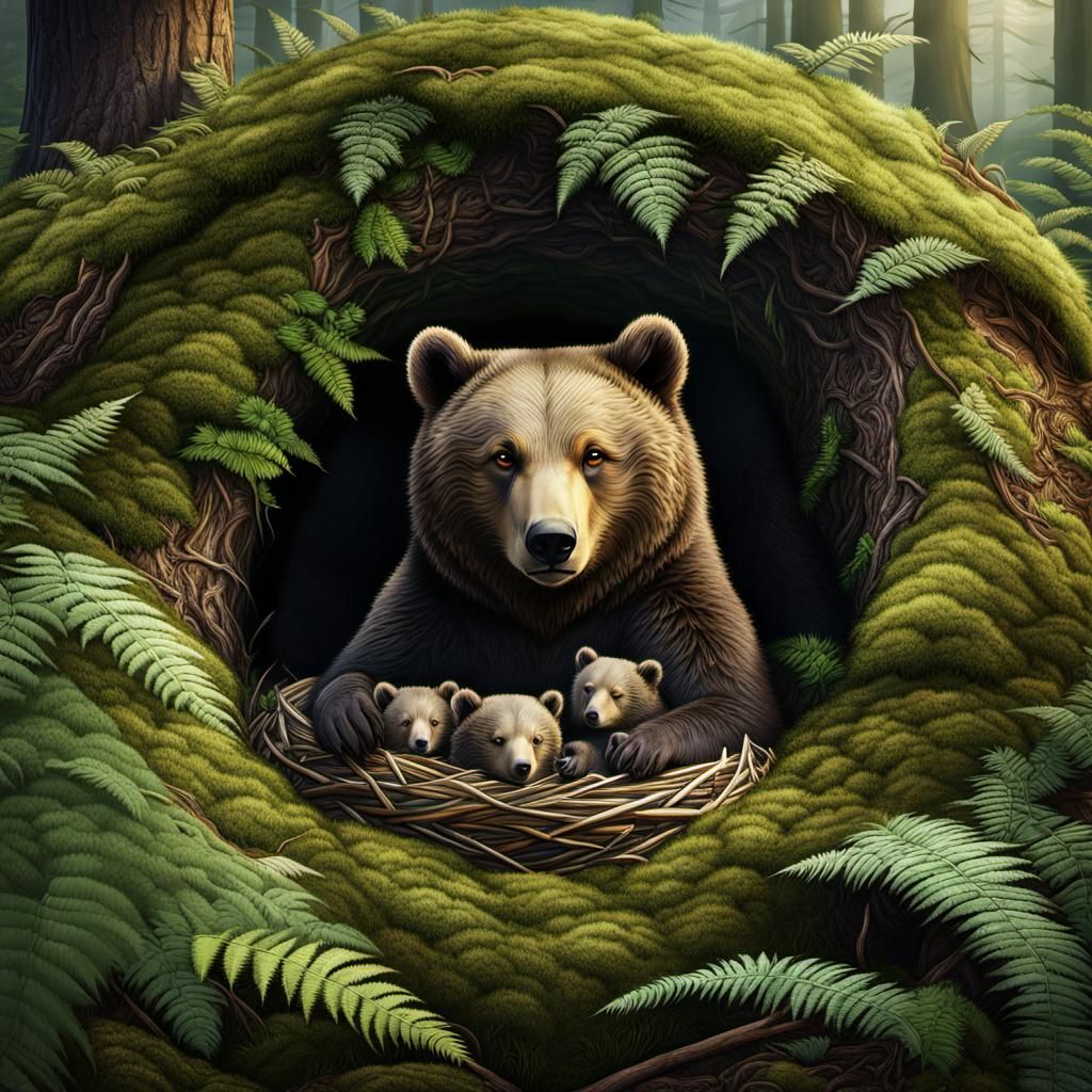 Bear and Cubs in Cozy Woodland Den