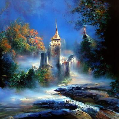 Ethereal Castle Towers in Misty Landscape