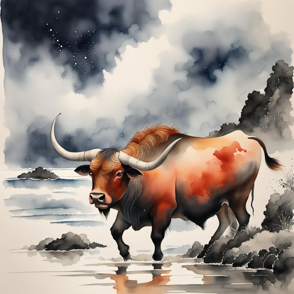 Watercolor Chinese Ox in Stormy Seascape