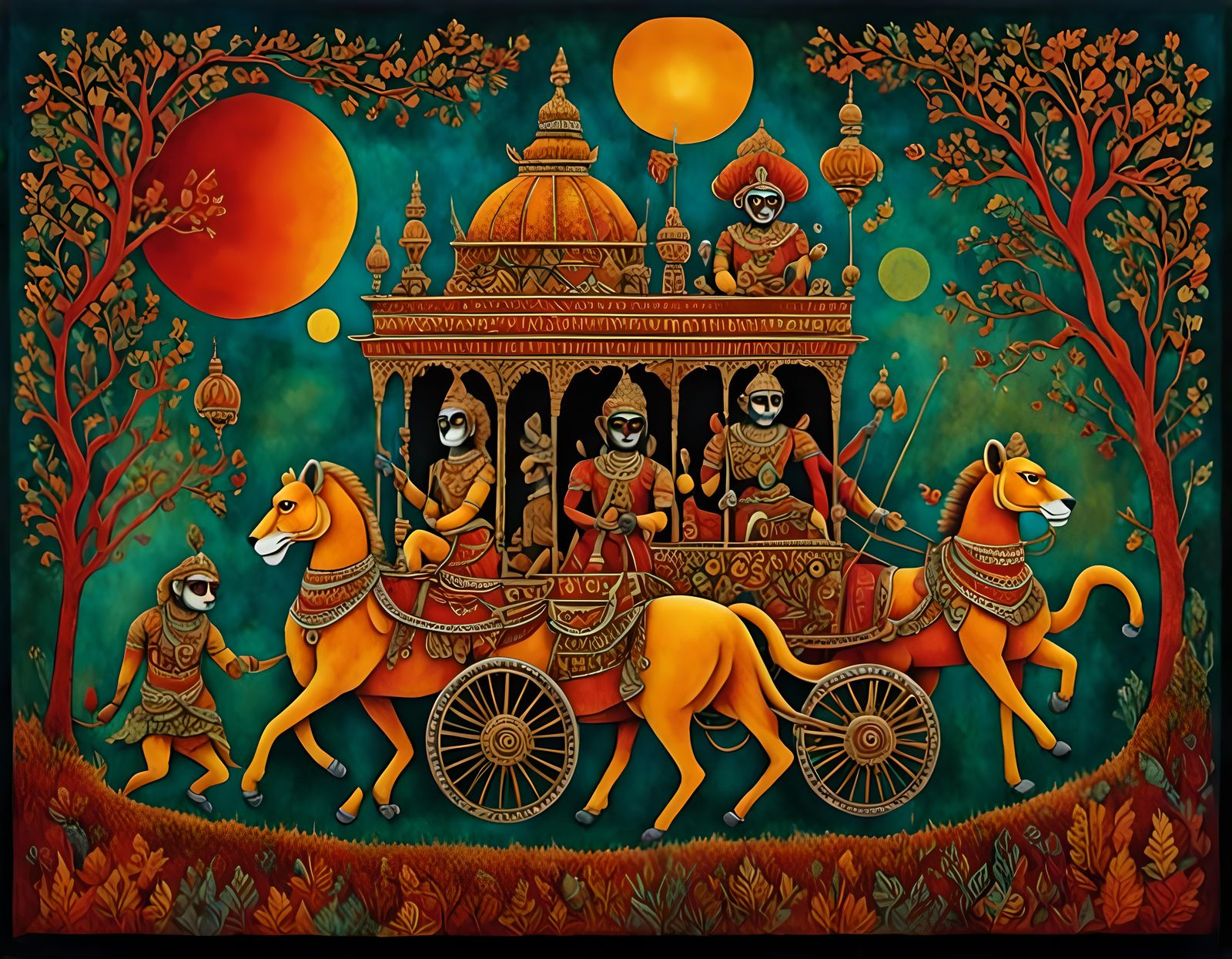 Arjuna and Krishna's Monkey Chariot: Batik Woodcut