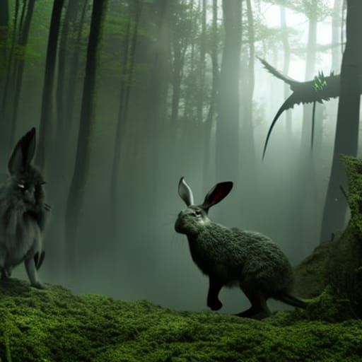 Brave Rabbit Versus Beast in Dark Forest