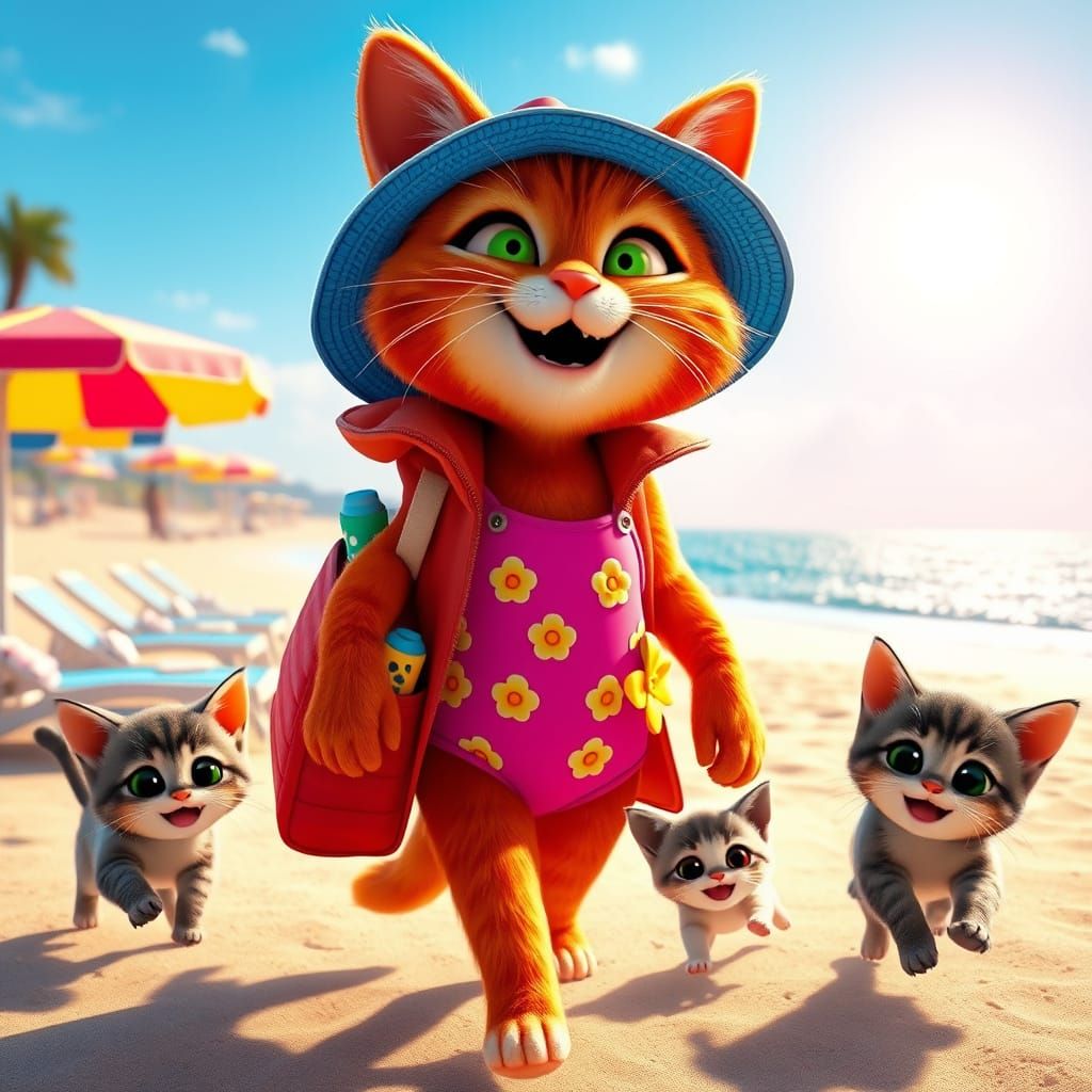 Red Cat and Kittens Beach Day in 3D Style